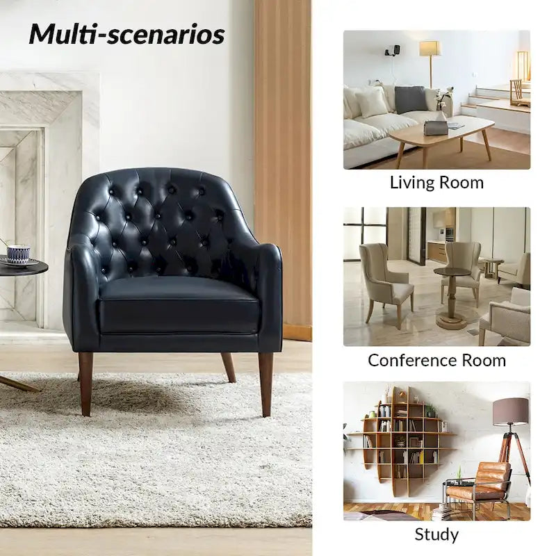 Classic Genuine Leather Barrel Chair with Tufted Back and Wood Legs