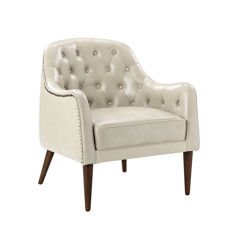 Classic Genuine Leather Barrel Chair with Tufted Back and Wood Legs