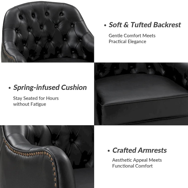 Classic Genuine Leather Barrel Chair with Tufted Back and Wood Legs