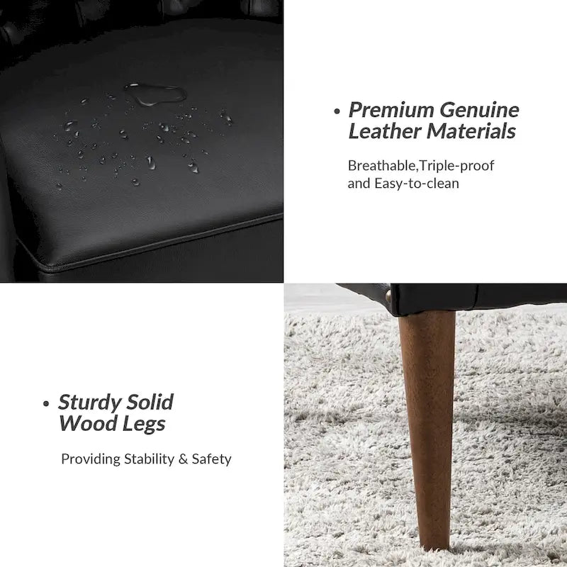 Classic Genuine Leather Barrel Chair with Tufted Back and Wood Legs