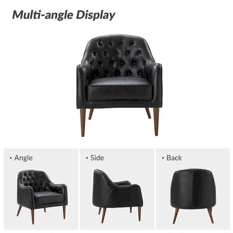 Classic Genuine Leather Barrel Chair with Tufted Back and Wood Legs