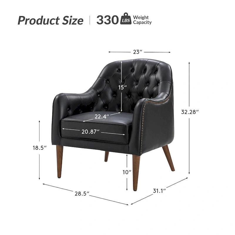 Classic Genuine Leather Barrel Chair with Tufted Back and Wood Legs