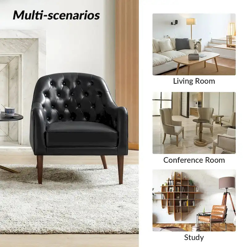 Classic Genuine Leather Barrel Chair with Tufted Back and Wood Legs