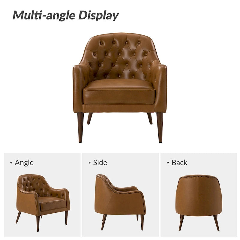 Classic Genuine Leather Barrel Chair with Tufted Back and Wood Legs