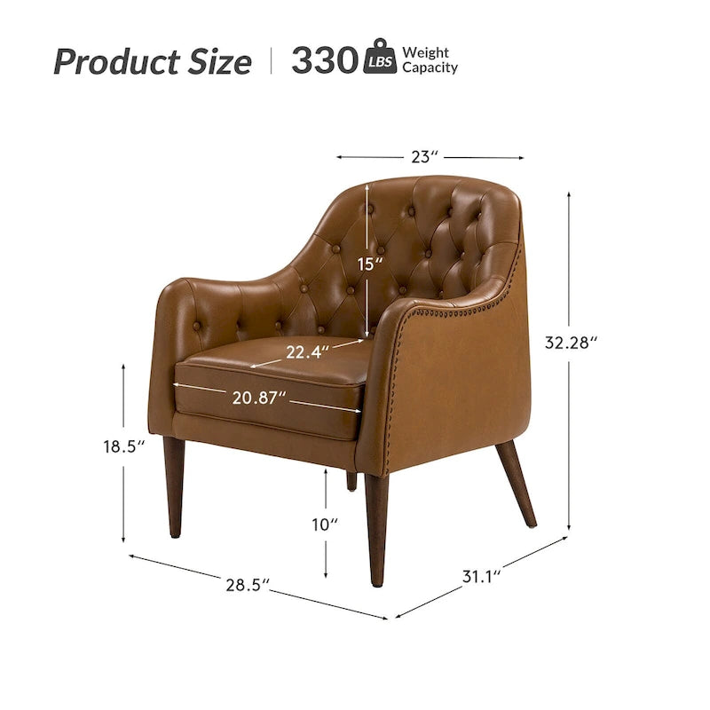 Classic Genuine Leather Barrel Chair with Tufted Back and Wood Legs