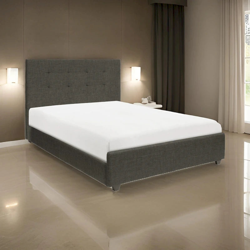 Gray Tufted Platform Bed, King Size, Upholstered Headboard