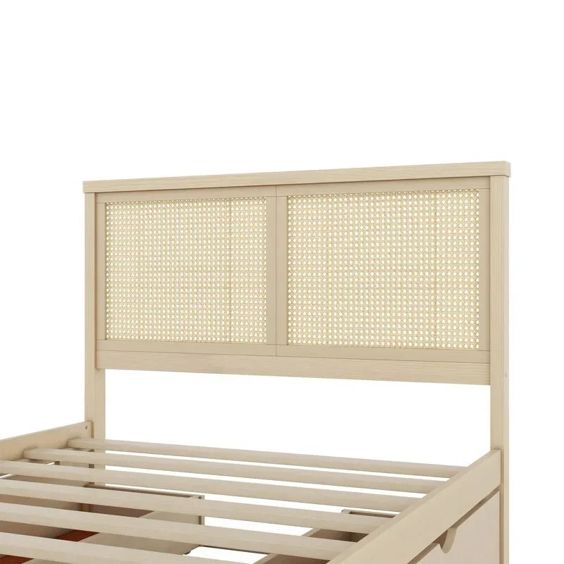 Wood Full Size Storage Platform Bed with 4 Drawers, Rattan Headboard