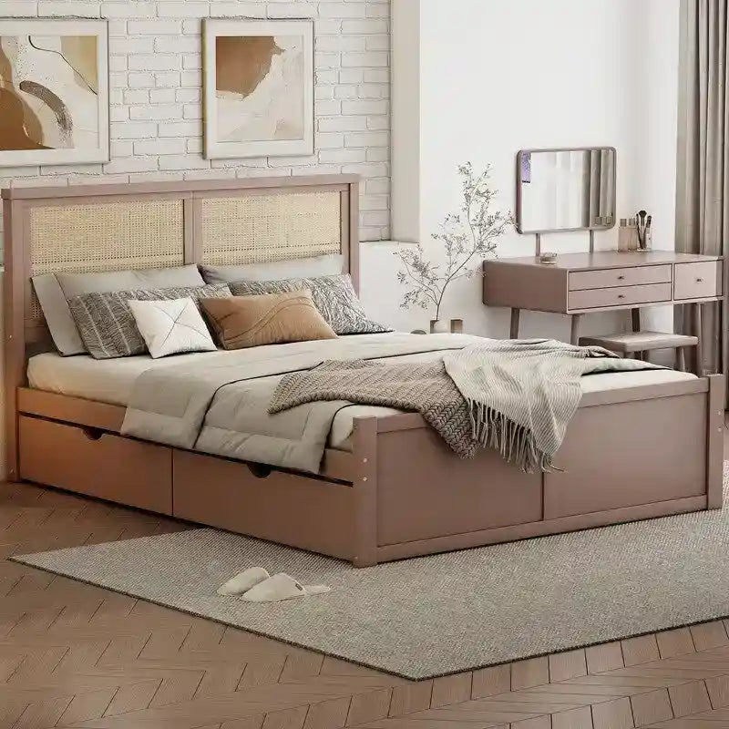 Wood Full Size Storage Platform Bed with 4 Drawers, Rattan Headboard
