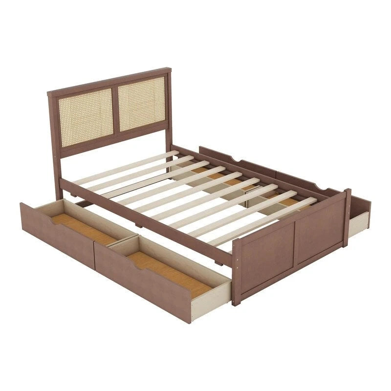 Wood Full Size Storage Platform Bed with 4 Drawers, Rattan Headboard