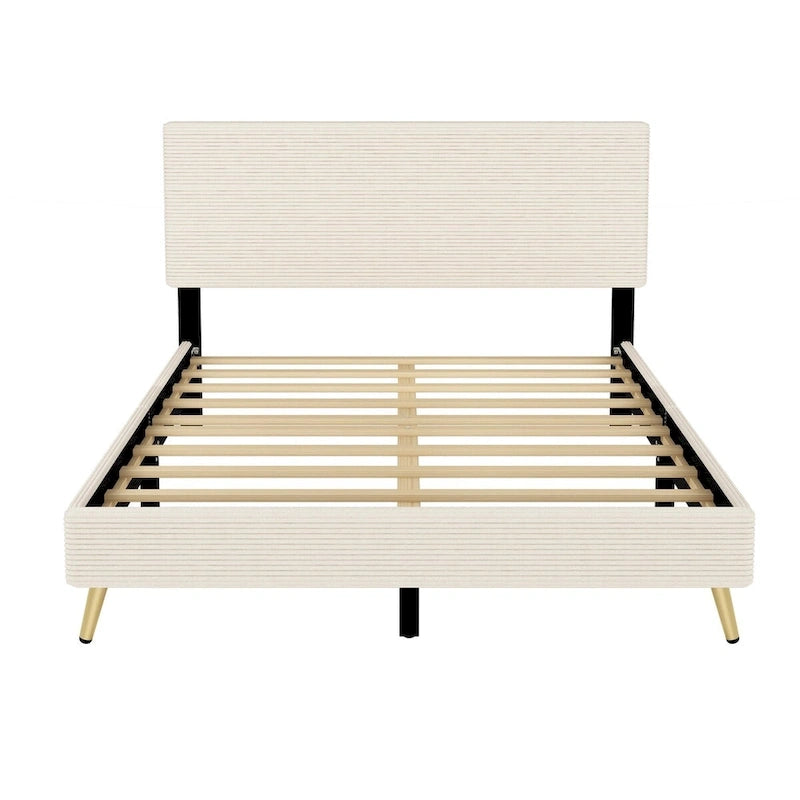 Wood Frame Queen Platform Bed Frame with Horizontal Stripe Headboard Upholstered Bed Frame Wood Slat,No Box Spring Needed