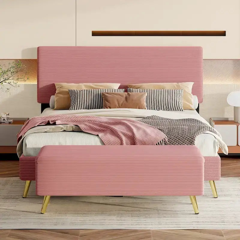 Wood Frame Queen Platform Bed Frame with Horizontal Stripe Headboard Upholstered Bed Frame Wood Slat,No Box Spring Needed