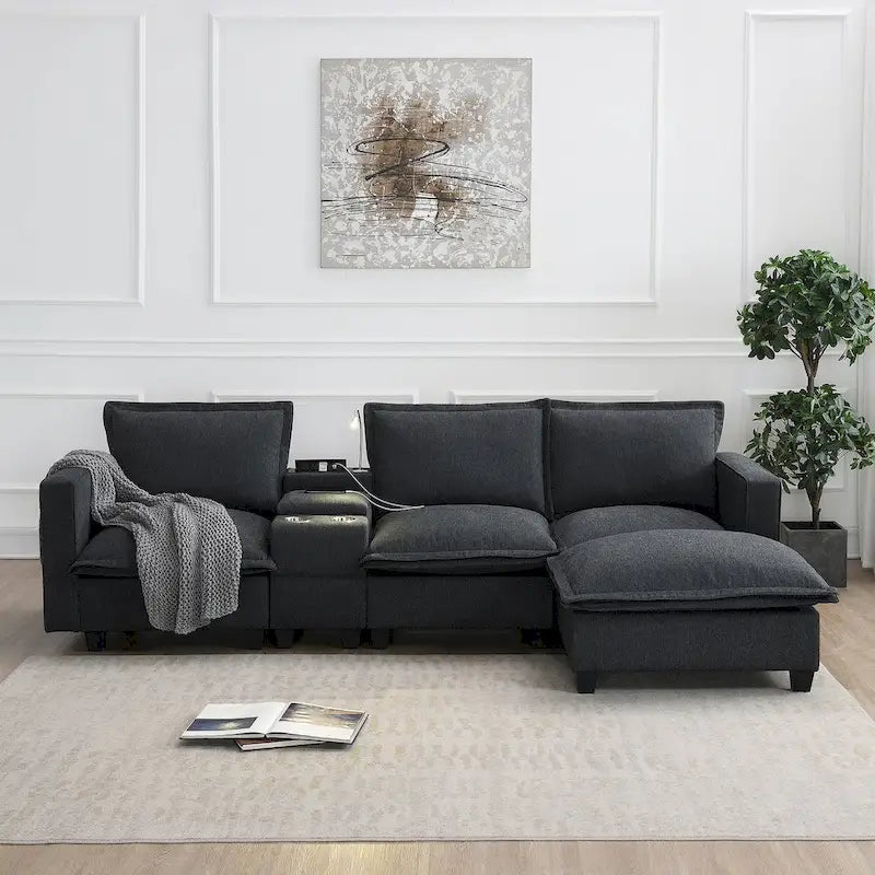 Chenille Square Arm Mid-Century Modern USB Port Sectional Sofa