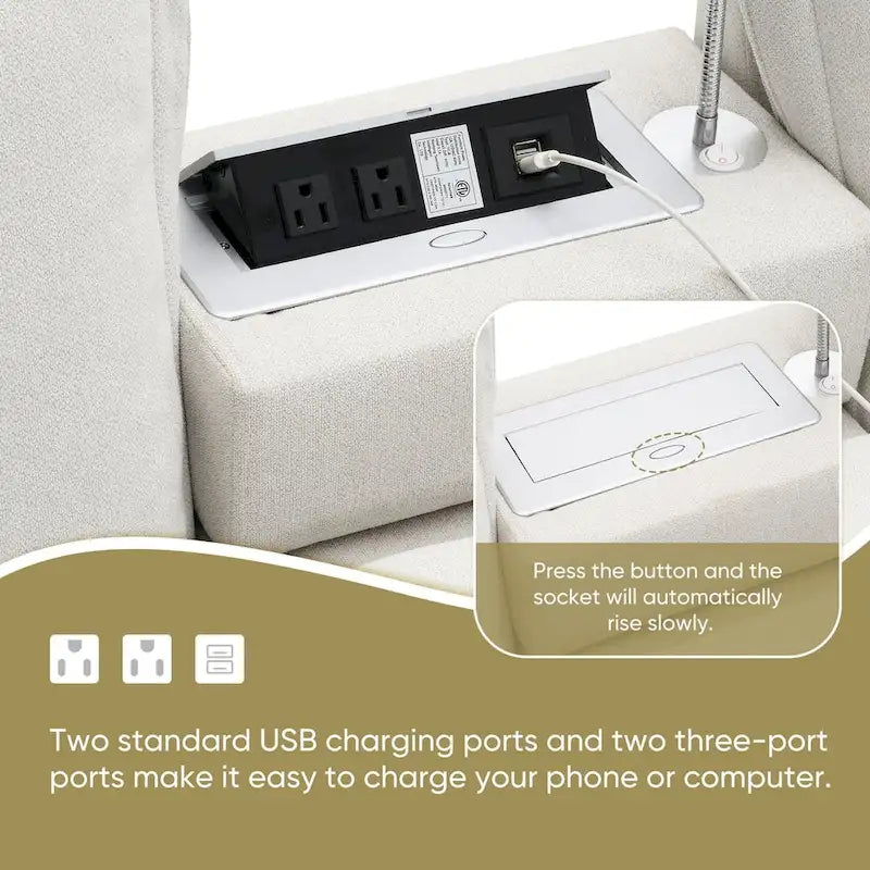 Chenille Square Arm Mid-Century Modern USB Port Sectional Sofa