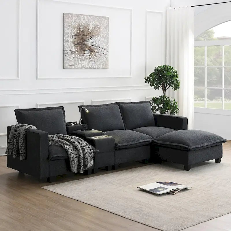 Chenille Square Arm Mid-Century Modern USB Port Sectional Sofa