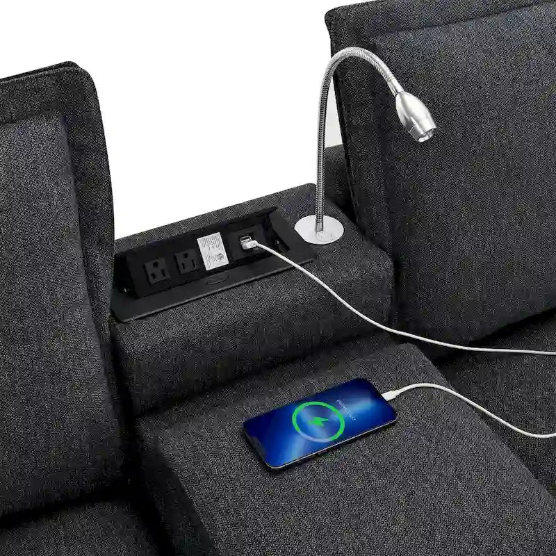 Chenille Square Arm Mid-Century Modern USB Port Sectional Sofa