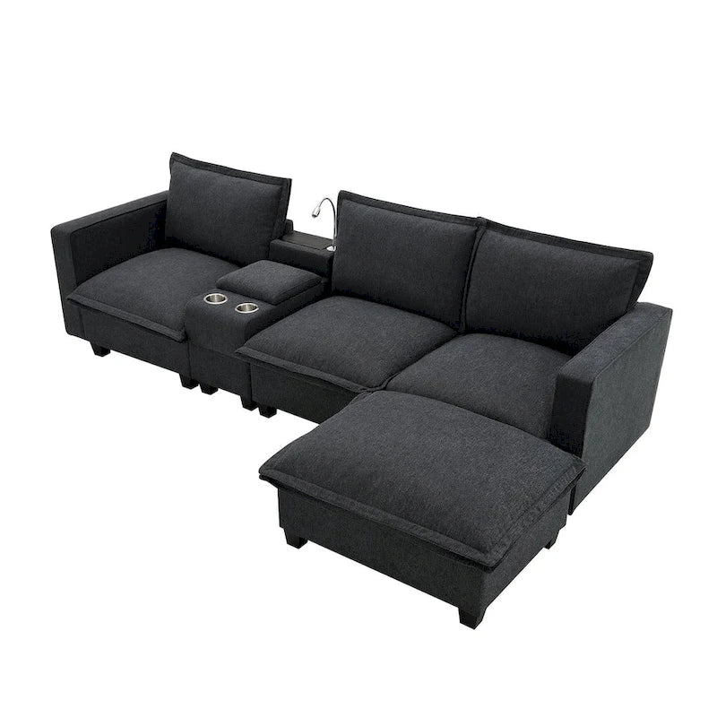 Chenille Square Arm Mid-Century Modern USB Port Sectional Sofa