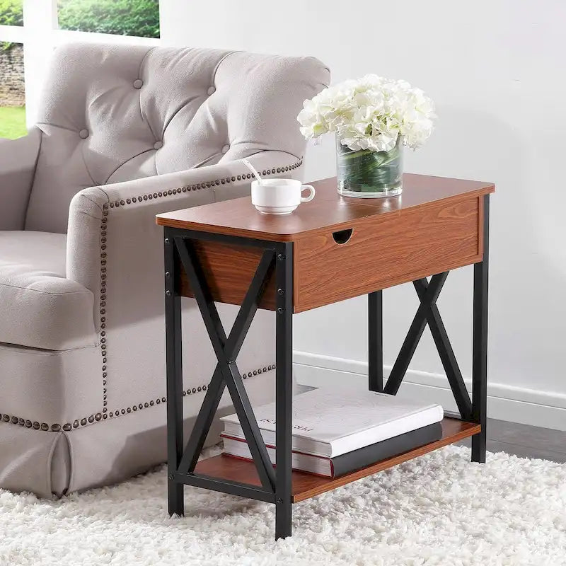 Brown Flip Top Side Table with Storage Shelf