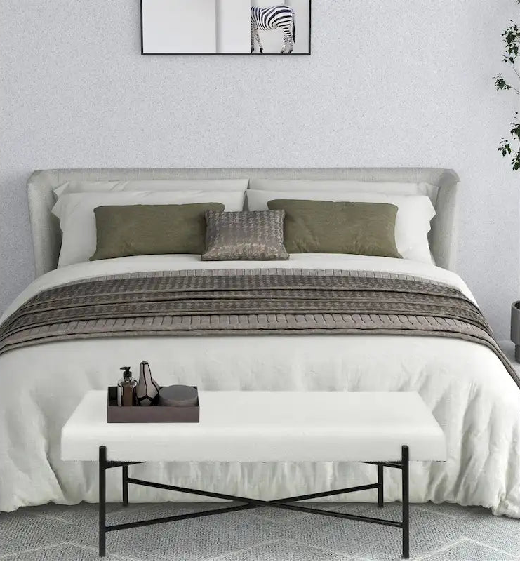 Modern White Upholstered Entryway Bench with Cushioned Seat