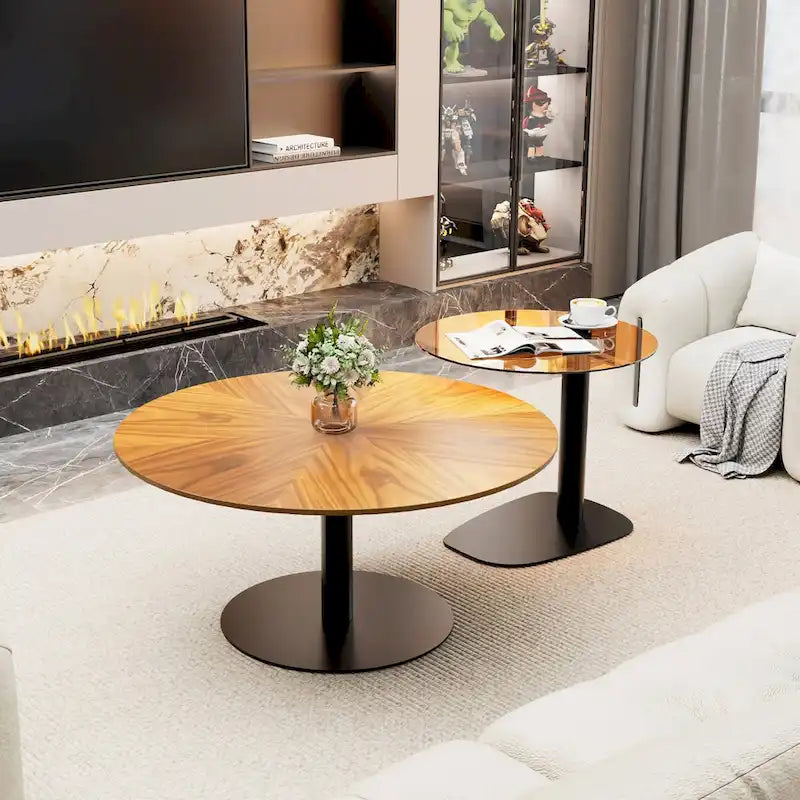 Set of 2 Modern Stacking Round Coffee Table Side Table Set with Slate Glass Top