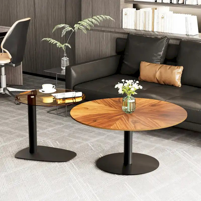 Set of 2 Modern Stacking Round Coffee Table Side Table Set with Slate Glass Top