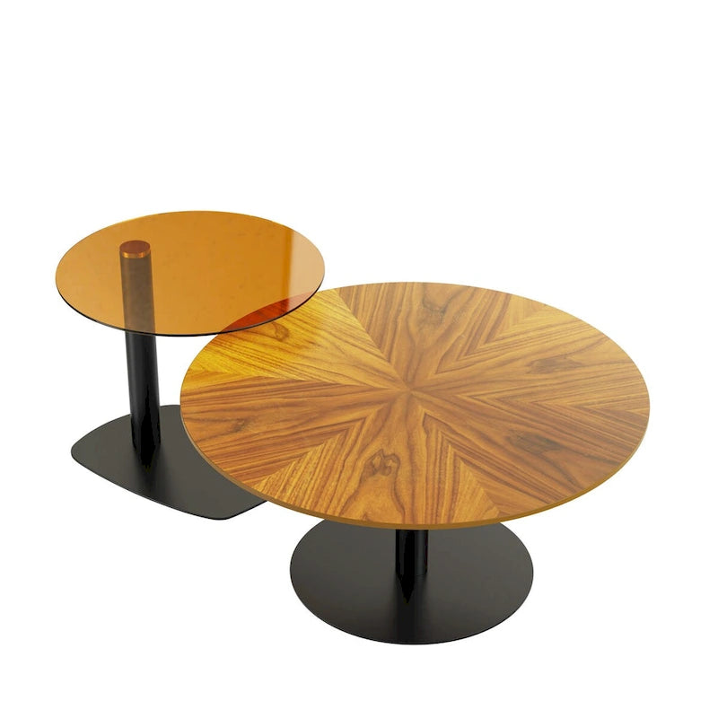 Set of 2 Modern Stacking Round Coffee Table Side Table Set with Slate Glass Top