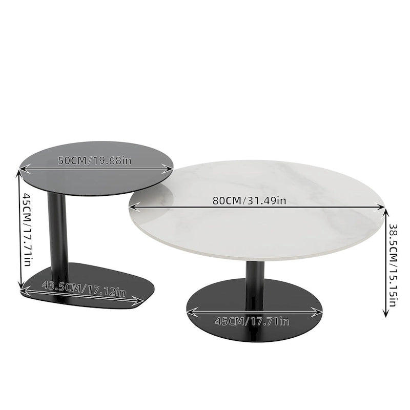 Set of 2 Modern Stacking Round Coffee Table Side Table Set with Slate Glass Top