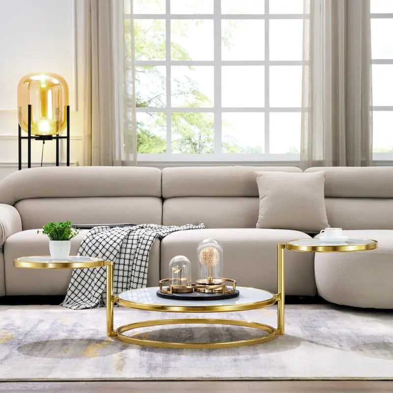 3-Tier Round Glass Coffee Table with 360° Rotating Top - Gold/Silver