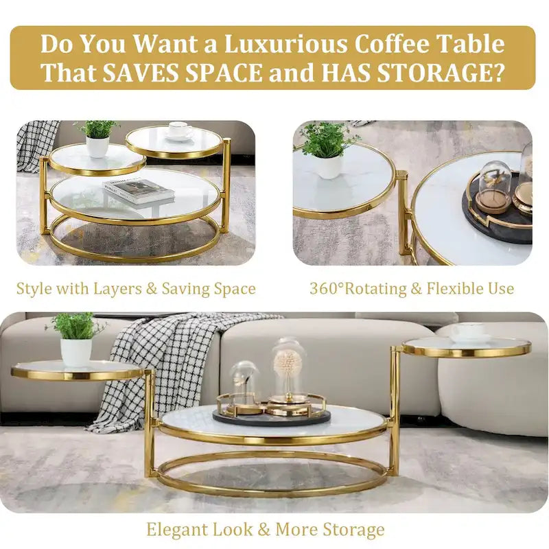 3-Tier Round Glass Coffee Table with 360° Rotating Top - Gold/Silver