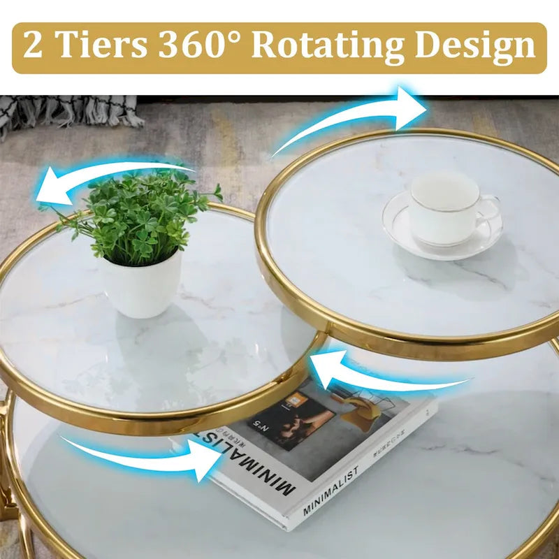 3-Tier Round Glass Coffee Table with 360° Rotating Top - Gold/Silver