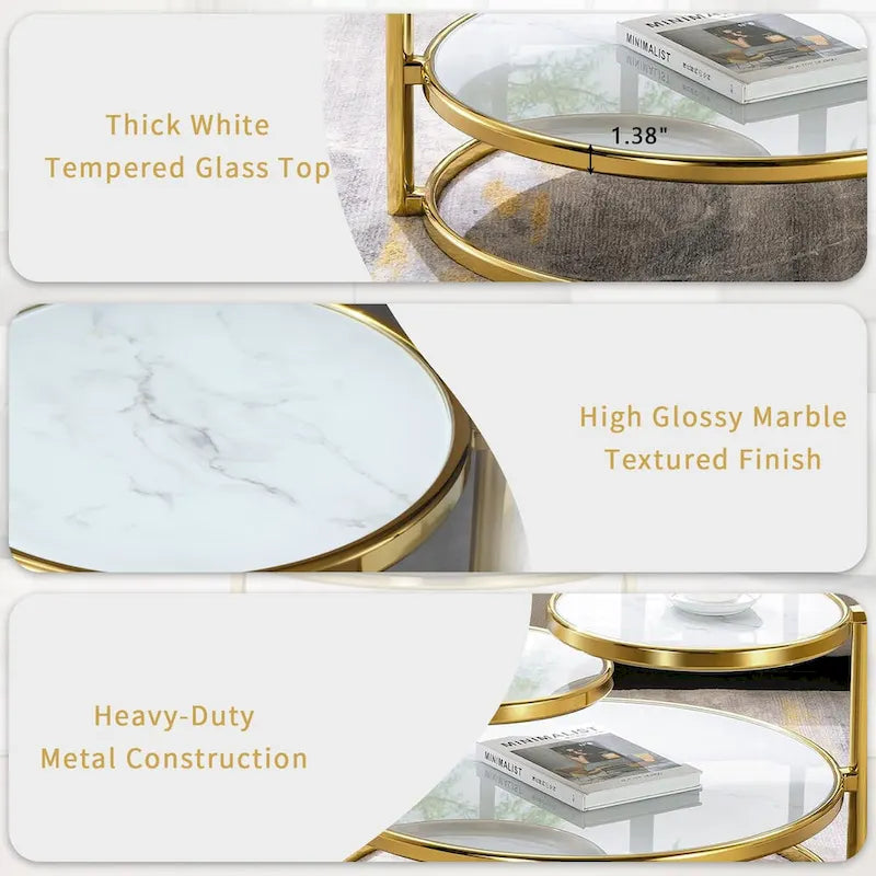 3-Tier Round Glass Coffee Table with 360° Rotating Top - Gold/Silver
