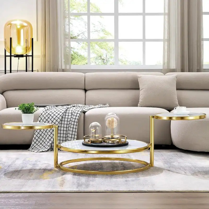 3-Tier Round Glass Coffee Table with 360° Rotating Top - Gold/Silver