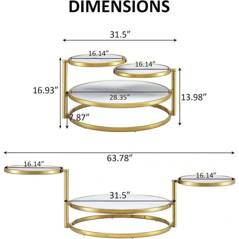 3-Tier Round Glass Coffee Table with 360° Rotating Top - Gold/Silver