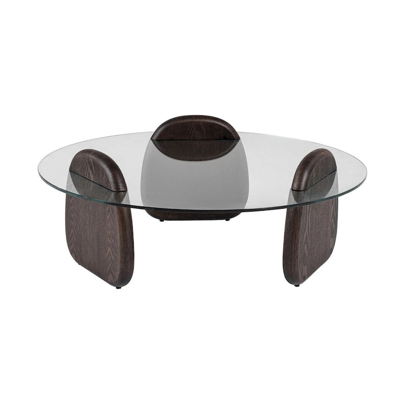Round Glass Coffee Table - Dark Walnut & Ash Wood