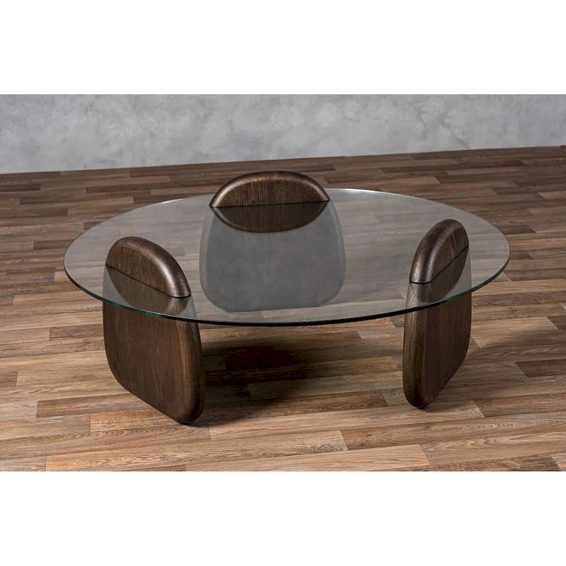 Round Glass Coffee Table - Dark Walnut & Ash Wood