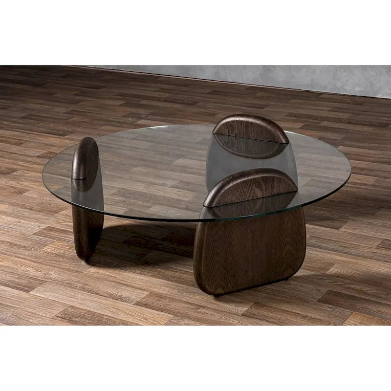 Round Glass Coffee Table - Dark Walnut & Ash Wood