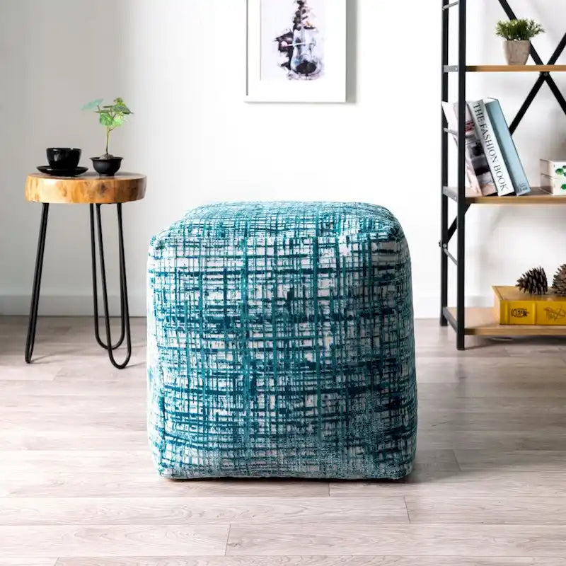 18" Blue Polyester Ottoman - Square Footstool