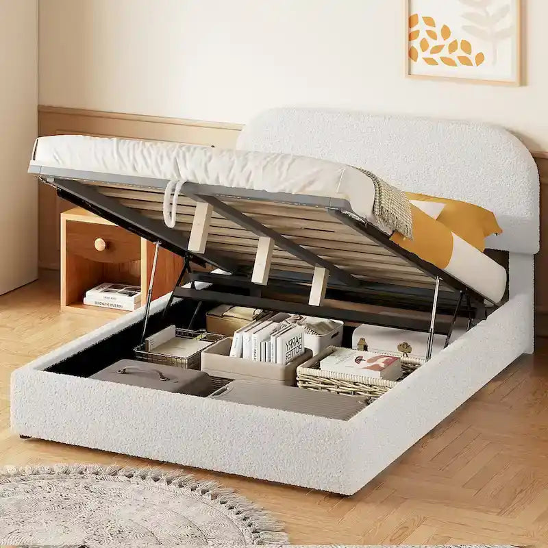 Beige Teddy Fleece Full Size Platform Bed with Hydraulic Storage